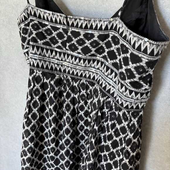 BCBGMaxazria Black White Geo Print Babydoll Sequin Silk Blend Tulle Hemline Y2K - Picture 7 of 11